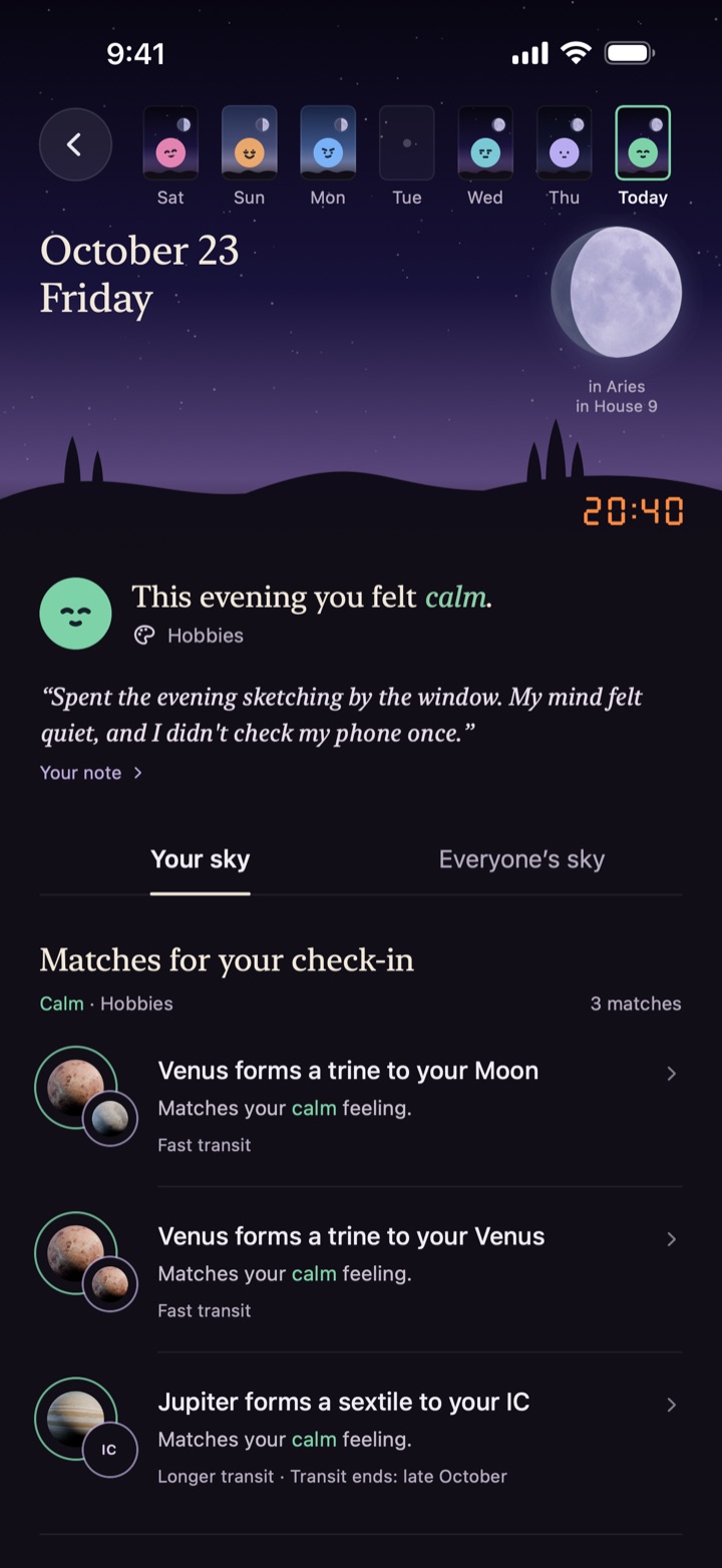 Day page: the evening of October 23, a calm check-in, its note and matching contacts