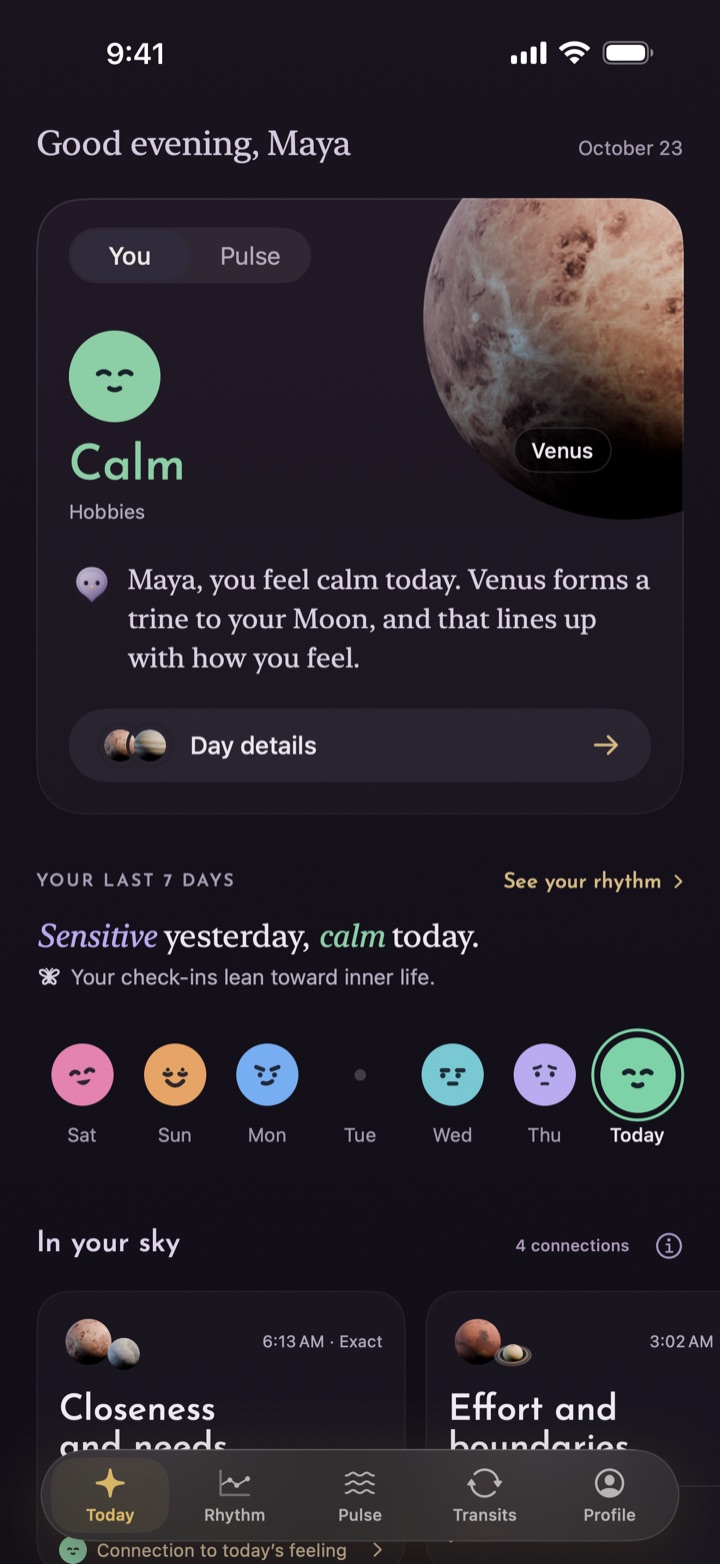 Home with You selected: a calm check-in, Venus trine the natal Moon, the past seven days and bottom navigation