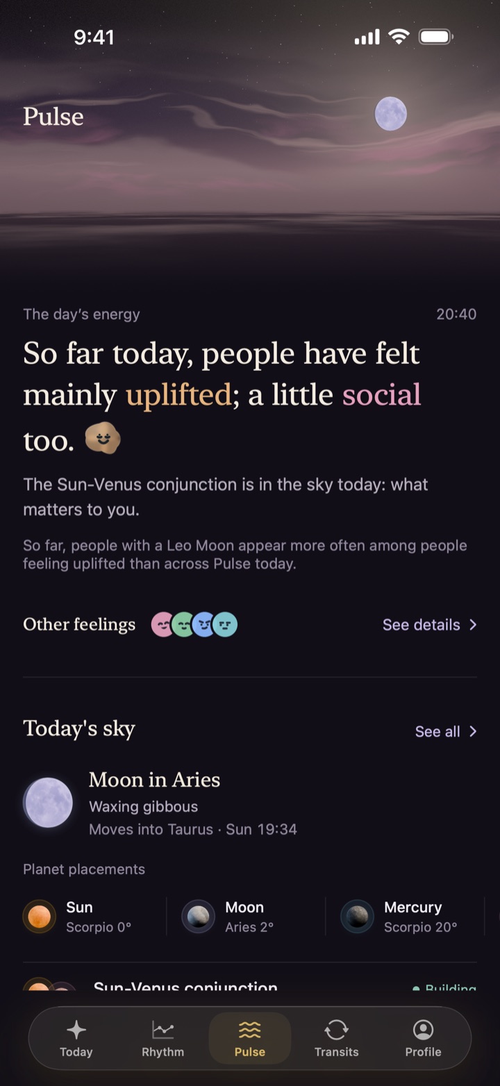 Pulse page: the day's energy, uplifted and social, under a sky that takes the feeling's color