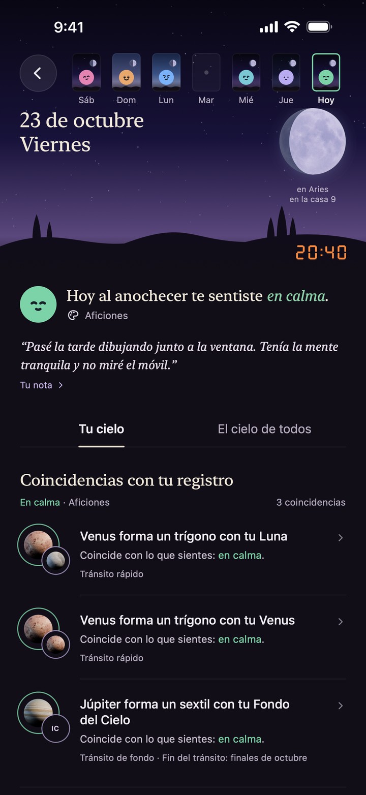 Detalle del 23 de octubre: un registro de calma, su nota y los contactos de ese momento