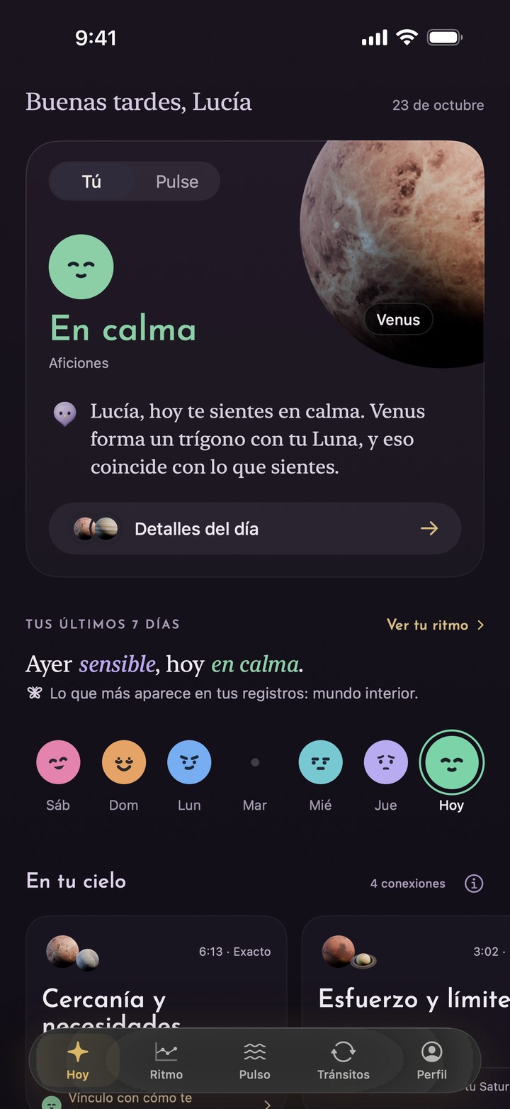 Inicio con Tú seleccionado: un registro de calma, Venus en trígono con la Luna natal, los últimos siete días y la barra de navegación