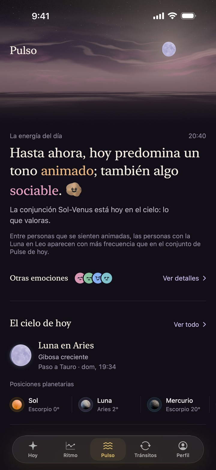 Pulso: la energía del día, con buen ánimo y sociabilidad, bajo un cielo que refleja esos colores