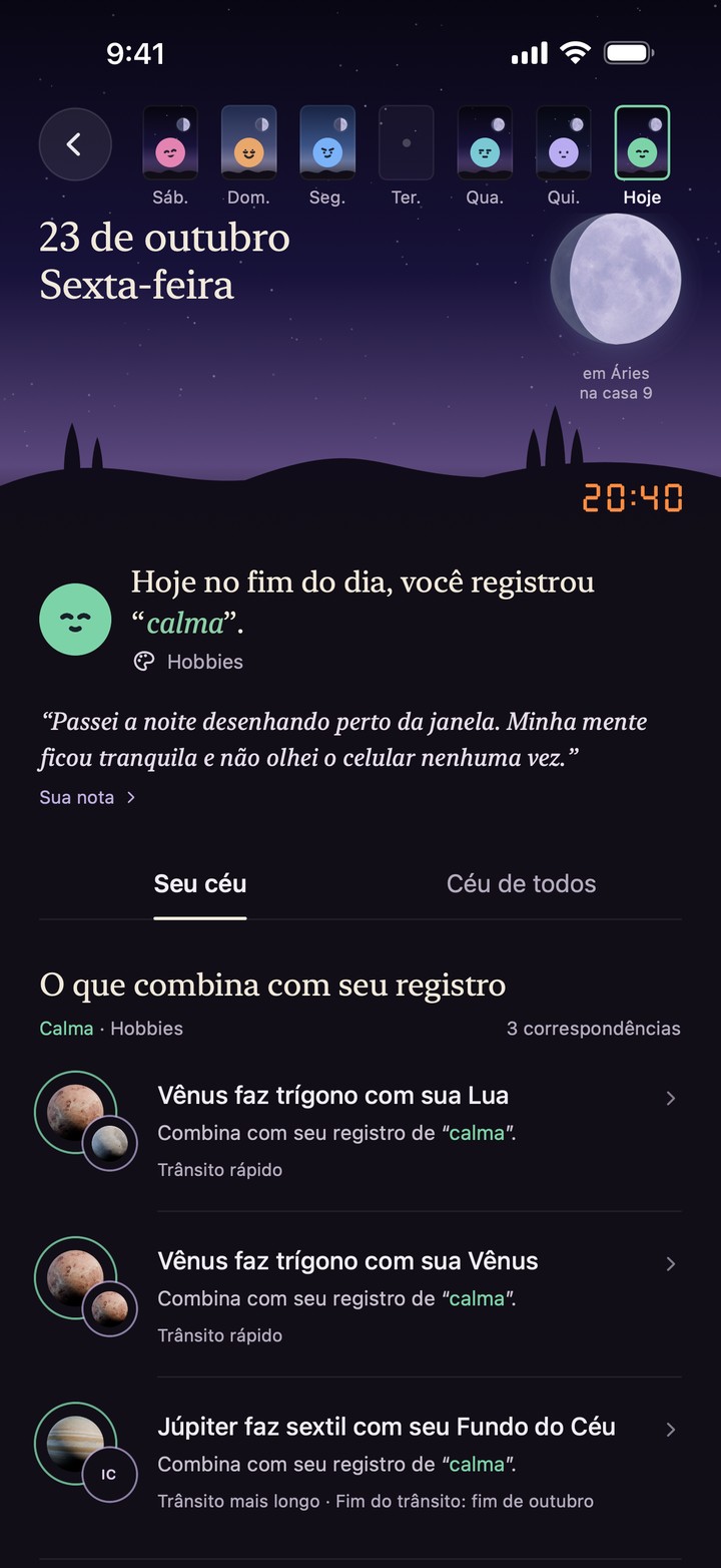 Detalhes de 23 de outubro: registro de calma, nota e conexões daquele momento